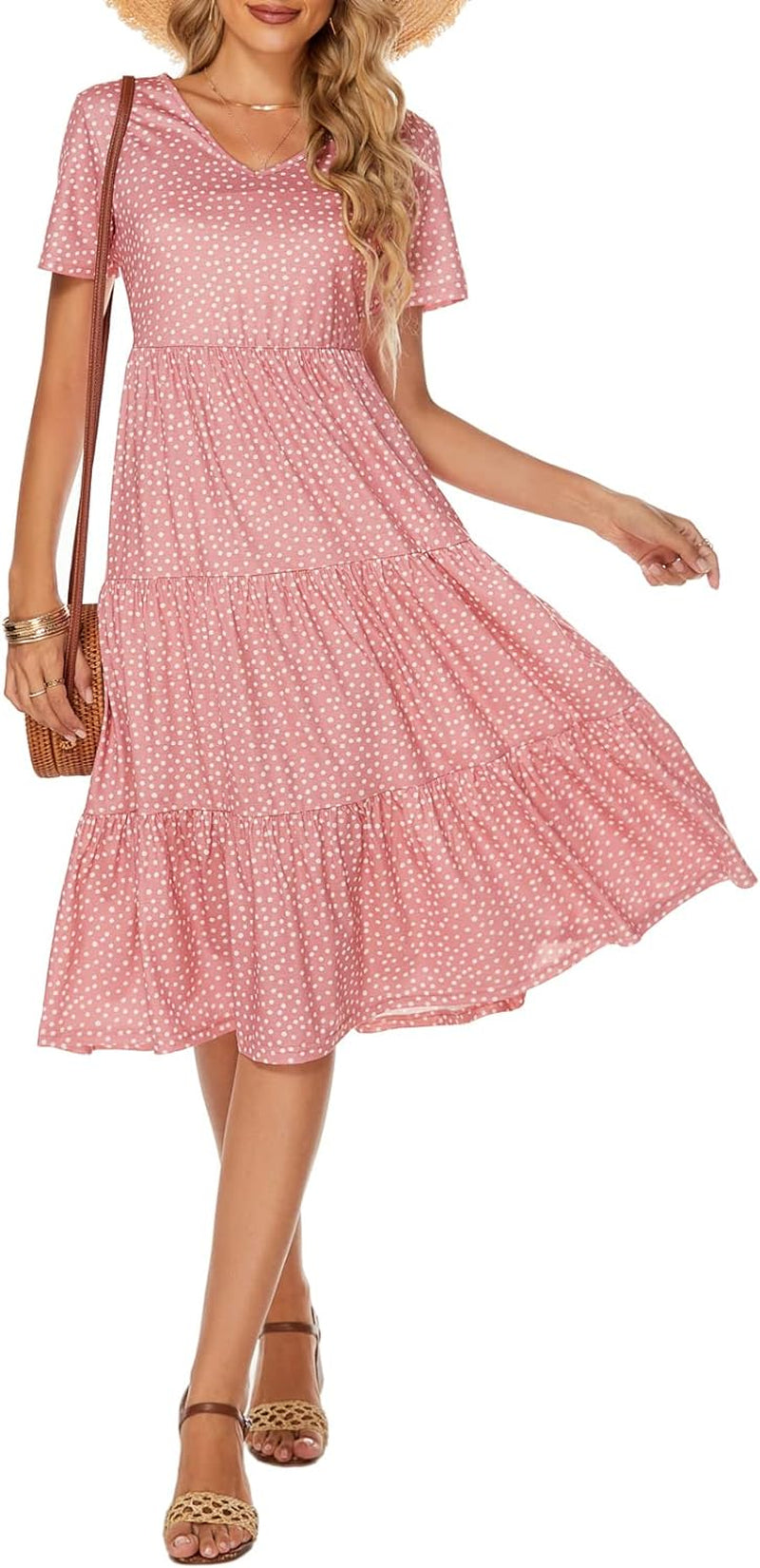 Chic Women's Pink Polka Dot Casual Summer Tiered Midi Dress - Short Sleeve V-Neck Ruffle Babydoll Sundress