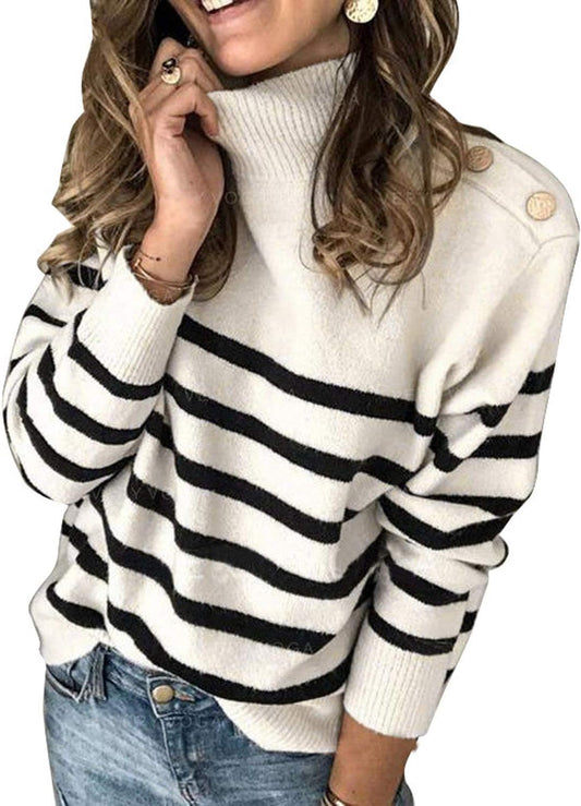 Lightweight Button up Long Sleeve Turtleneck Knit Pullover Sweaters a White