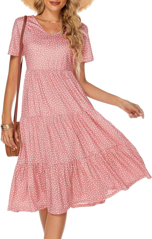 Chic Women's Pink Polka Dot Casual Summer Tiered Midi Dress - Short Sleeve V-Neck Ruffle Babydoll Sundress